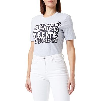 W 4 H06 29 M 3876 Love Moschino Damska koszulka z krótkim rękawem o regularnym kroju z brokatem Skate to Create Brand Print, Melange Light Gray, 48 W 4 H06 29 M 3876 Love Moschino Damska koszulka z krótkim rękawem o regularnym kroju z brokatem Skate to Create Brand Print, Melange Light Gray, 48
