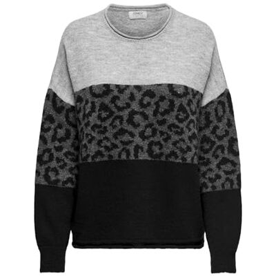 15294969 ONLY Onljade Animal Ls O-Neck Noos KNT sweter damski, Jasnoszary melanż/wzór: w. Mgm/czarny, S 15294969 ONLY Onljade Animal Ls O-Neck Noos KNT sweter damski, Jasnoszary melanż/wzór: w. Mgm/czarny, S