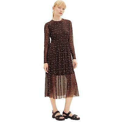 1039911 TOM TAILOR jeansowa damska sukienka siateczkowa ze wzorem, 34263-brązowy nadruk w kropki, L 1039911 TOM TAILOR jeansowa damska sukienka siateczkowa ze wzorem, 34263-brązowy nadruk w kropki, L