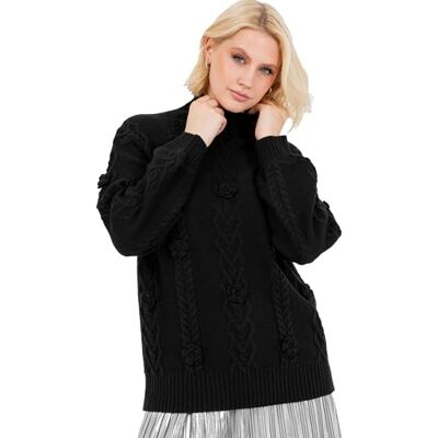 PL9-0438 Lovedrobe Damski sweter damski sweter z dzianiny z wysokim dekoltem długi rękaw balonowy kwiatowa aplikacja elastyczna talia mankiety dzianina, czarny 8-10, Czarny, 34-36 PL9-0438 Lovedrobe Damski sweter damski sweter z dzianiny z wysokim dekoltem długi rękaw balonowy kwiatowa aplikacja elastyczna talia mankiety dzianina, czarny 8-10, Czarny, 34-36