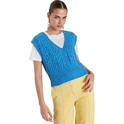 TWOAW22BZ0057 Trendyol Damski zwykły sweter z dzianiny z dekoltem w serek, NIEBIESKI, M TWOAW22BZ0057 Trendyol Damski zwykły sweter z dzianiny z dekoltem w serek, NIEBIESKI, M
