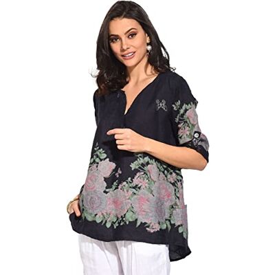 BFTTDN-100220-XL Bonateks damska top 100% lniana tunika Made in Italy, Tunezyjski top z kwiatowym nadrukiem i odpinanymi długimi rękawami, granatowy, rozmiar: XL, granatowy, XL BFTTDN-100220-XL Bonateks damska top 100% lniana tunika Made in Italy, Tunezyjski top z kwiatowym nadrukiem i odpinanymi długimi rękawami, granatowy, rozmiar: XL, granatowy, XL
