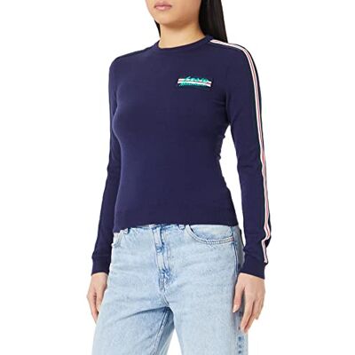 W S M38 90 X 1495 Love Moschino Damski sweter slim fit z długim rękawem z okrągłym dekoltem z paskami i naszywkami, ciemnoniebieski, 42 W S M38 90 X 1495 Love Moschino Damski sweter slim fit z długim rękawem z okrągłym dekoltem z paskami i naszywkami, ciemnoniebieski, 42