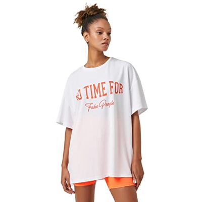 3SAK10005NK Koton Damski T-shirt sportowy z okrągłym dekoltem i nadrukiem oversized, biały (000), S 3SAK10005NK Koton Damski T-shirt sportowy z okrągłym dekoltem i nadrukiem oversized, biały (000), S