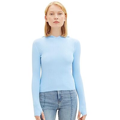1038100 TOM TAILOR Denim Damska bluza z kapturem ze strukturą prążkowan, 11139-soft Charming Blue, L 1038100 TOM TAILOR Denim Damska bluza z kapturem ze strukturą prążkowan, 11139-soft Charming Blue, L