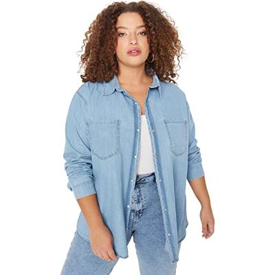 TBBAW23AX00018 Trendyol Damska koszula plus size dopasowana podstawowa koszulka polo dekolt denim plus size, niebieska, 44, NIEBIESKI, 70 TBBAW23AX00018 Trendyol Damska koszula plus size dopasowana podstawowa koszulka polo dekolt denim plus size, niebieska, 44, NIEBIESKI, 70