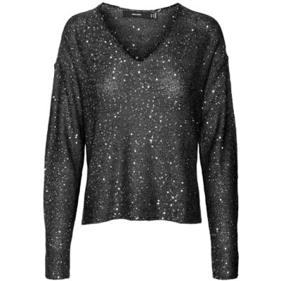 10318223 VERO MODA VMLEILANI New LS sweter z dekoltem w serek, Czarny/detal: W. Silver Sequins, XS 10318223 VERO MODA VMLEILANI New LS sweter z dekoltem w serek, Czarny/detal: W. Silver Sequins, XS
