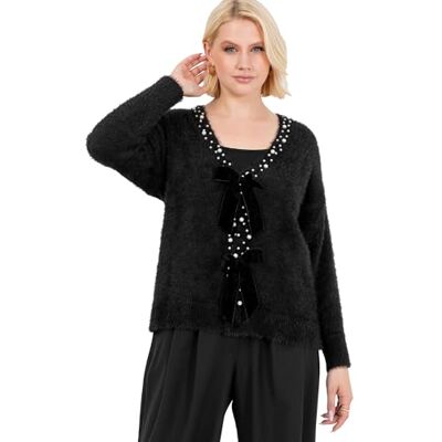 PL9-0427 Lovedrobe Damski kardigan damski z długim rękawem, perłowy, Embellished Velvet Bow Knitwear Smart Casual Office Wear Popper Buttons, czarny 44-46, czarny, 44-46 PL9-0427 Lovedrobe Damski kardigan damski z długim rękawem, perłowy, Embellished Velvet Bow Knitwear Smart Casual Office Wear Popper Buttons, czarny 44-46, czarny, 44-46