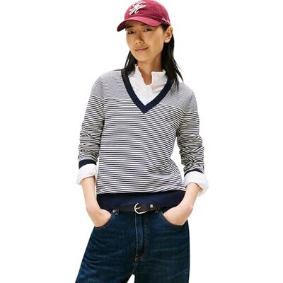 WW0WW40098 Tommy Hilfiger Damski sweter CO Jersey FINE GG V-NK LS SWT , niebieski, XXXL, Niebieski (Bretton Stripe Dark Night Navy), 3XL-Du?e rozmiary tall WW0WW40098 Tommy Hilfiger Damski sweter CO Jersey FINE GG V-NK LS SWT , niebieski, XXXL, Niebieski (Bretton Stripe Dark Night Navy), 3XL-Du?e rozmiary tall