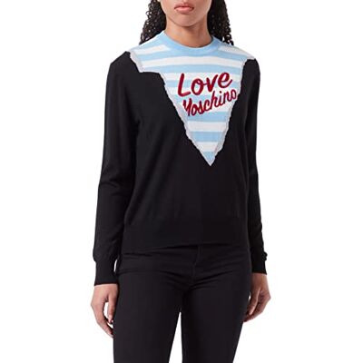W S M32 11 X 1148 Love Moschino Damski sweter o regularnym kroju z długim rękawem i wzorem w paski, styl górski, styl Intarsia i Love Embroidery, czarny, 46 W S M32 11 X 1148 Love Moschino Damski sweter o regularnym kroju z długim rękawem i wzorem w paski, styl górski, styl Intarsia i Love Embroidery, czarny, 46