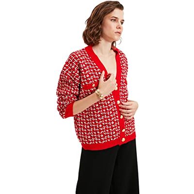 TWOAW22HI0268 Trendyol Damski standardowy standardowy kardigan z dzianiny z dekoltem w serek, Czerwony, S TWOAW22HI0268 Trendyol Damski standardowy standardowy kardigan z dzianiny z dekoltem w serek, Czerwony, S