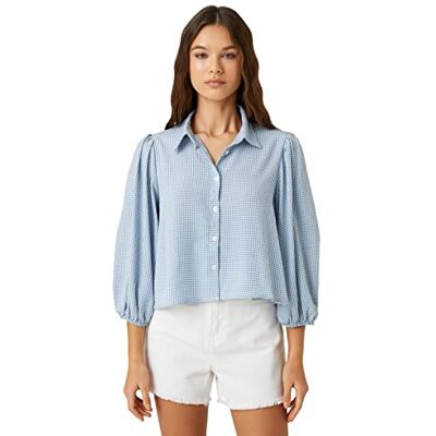 3SAL60010IW Koton Damska koszulka oversized Viscose Puff Sleeve Check Button Detail Shirt, Blue Check (03t), 40 3SAL60010IW Koton Damska koszulka oversized Viscose Puff Sleeve Check Button Detail Shirt, Blue Check (03t), 40