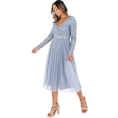 EG024-MIDI-MM Maya Deluxe Elegancka damska sukienka koktajlowa, na wesele, z dekoltem w kształcie litery V, sukienka koktajlowa, na bal absolwentów, dla druhny, Dusty Blue, 54 EG024-MIDI-MM Maya Deluxe Elegancka damska sukienka koktajlowa, na wesele, z dekoltem w kształcie litery V, sukienka koktajlowa, na bal absolwentów, dla druhny, Dusty Blue, 54