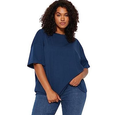 TBBSS23BF00017 Trendyol Damski prosty krótki rękaw plus size t-shirty w rozmiarze plus size, grantowy, 3XL TBBSS23BF00017 Trendyol Damski prosty krótki rękaw plus size t-shirty w rozmiarze plus size, grantowy, 3XL