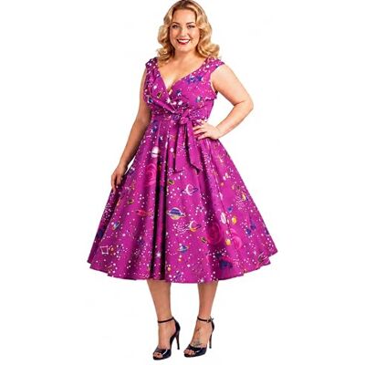 RETRO-FLORAL-CROSSOVER Miss Lavish London Damska sukienka w stylu retro, rockabilly, lata 40. i 50., vintage, dla druhny, Galaktyka-fioletowy, 50 RETRO-FLORAL-CROSSOVER Miss Lavish London Damska sukienka w stylu retro, rockabilly, lata 40. i 50., vintage, dla druhny, Galaktyka-fioletowy, 50