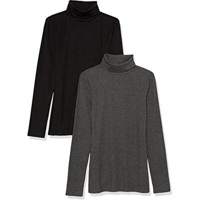 AEW30290F23_BLACK/CHARCOAL HEATHER Amazon Essentials Damski top z golfem o wąskim kroju z długim rękawem i prążkowanym ściągaczem (dostępny w dużych rozmiarach), 2 sztuki, czarny/grafitowy wrzos, XS AEW30290F23_BLACK/CHARCOAL HEATHER Amazon Essentials Damski top z golfem o wąskim kroju z długim rękawem i prążkowanym ściągaczem (dostępny w dużych rozmiarach), 2 sztuki, czarny/grafitowy wrzos, XS