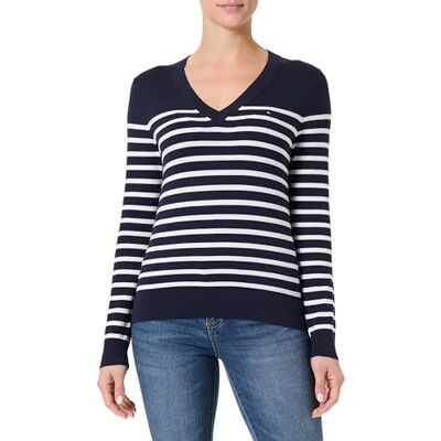 WW0WW400980A5S TOMMY HILFIGER Damski sweter CO JERSEY STITCH V-NK WW0WW40098, niebieski, S, Niebieski (Dark Night Navy/Ivory Petal Stp), S WW0WW400980A5S TOMMY HILFIGER Damski sweter CO JERSEY STITCH V-NK WW0WW40098, niebieski, S, Niebieski (Dark Night Navy/Ivory Petal Stp), S