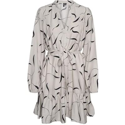 10317440 VERO MODA VMJESSI BELI LS Short Belt Dress WVN GA, Pumice Stone/Aop:beli, M 10317440 VERO MODA VMJESSI BELI LS Short Belt Dress WVN GA, Pumice Stone/Aop:beli, M