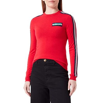 W S M38 90 X 1495 Love Moschino Damski sweter slim fit z długim rękawem z okrągłym dekoltem z paskami i naszywkami, czerwony, 46 W S M38 90 X 1495 Love Moschino Damski sweter slim fit z długim rękawem z okrągłym dekoltem z paskami i naszywkami, czerwony, 46