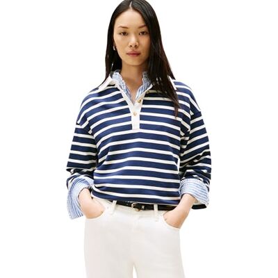 WW0WW47457 Tommy Hilfiger Damska bluza ze złotym guzikiem RUGBY TERRY SWTSHRT Pulower, niebieski, M, Niebieski (Dark Night Navy/Ivory Silk Stp), M WW0WW47457 Tommy Hilfiger Damska bluza ze złotym guzikiem RUGBY TERRY SWTSHRT Pulower, niebieski, M, Niebieski (Dark Night Navy/Ivory Silk Stp), M