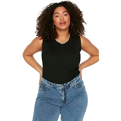 TBBSS22BZ0985 TRENDYOL Damska koszula damska Slim Fit Standard Crew Neck Woven Plus Size Blouse, czarny, 46 TBBSS22BZ0985 TRENDYOL Damska koszula damska Slim Fit Standard Crew Neck Woven Plus Size Blouse, czarny, 46