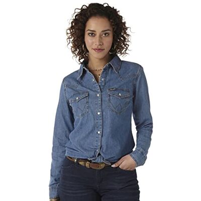 191683255846 Wrangler Damska koszula retro z długim rękawem Western Denim Snap, Średni dżins, XL 191683255846 Wrangler Damska koszula retro z długim rękawem Western Denim Snap, Średni dżins, XL