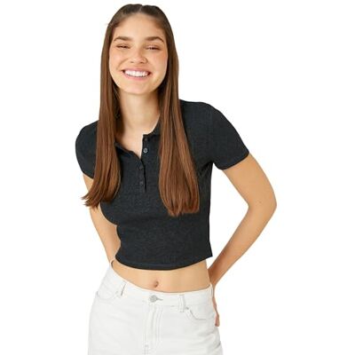 3SAL10135IK Koton Crop Koszulka Polo Neck Krótki rękaw Button Detail, Koszulka damska, antracyt (924), Anthrazit (924), S 3SAL10135IK Koton Crop Koszulka Polo Neck Krótki rękaw Button Detail, Koszulka damska, antracyt (924), Anthrazit (924), S
