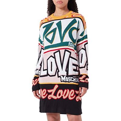 W S E10 10 X 0377 Love Moschino Damska sukienka Comfort Fit z długim rękawem i graffiti, żakardowa sukienka intarsia, czarny, biały, żółty, zielony, czarny, 38 W S E10 10 X 0377 Love Moschino Damska sukienka Comfort Fit z długim rękawem i graffiti, żakardowa sukienka intarsia, czarny, biały, żółty, zielony, czarny, 38