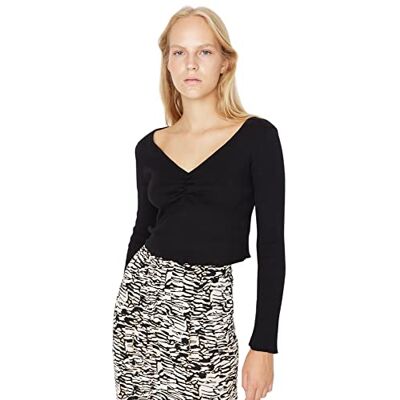 TWOAW23BZ00379 Trendyol Damska damska regularna bodycon dekolt w serek dzianinowa bluzka koszulka, czarna, L, Czarny, L TWOAW23BZ00379 Trendyol Damska damska regularna bodycon dekolt w serek dzianinowa bluzka koszulka, czarna, L, Czarny, L