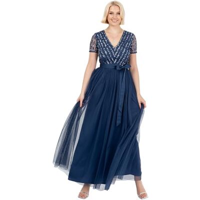 RL004-MM Maya Deluxe Sukienka maxi dla kobiet damska suknia balowa z dekoltem w szpic z krótkim rękawem długa elegancka talia Empire z paskiem francuska granatowa rozmiar 12, Francuski granat, 38 RL004-MM Maya Deluxe Sukienka maxi dla kobiet damska suknia balowa z dekoltem w szpic z krótkim rękawem długa elegancka talia Empire z paskiem francuska granatowa rozmiar 12, Francuski granat, 38