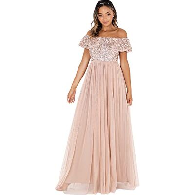 AZBR67-MAXI Maya Deluxe Maya Berry Bardot Upiększona Maxi Sukienka dla druhny Kobiety, Rumieniec taupe, 52 AZBR67-MAXI Maya Deluxe Maya Berry Bardot Upiększona Maxi Sukienka dla druhny Kobiety, Rumieniec taupe, 52