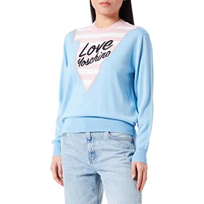 W S M32 11 X 1148 Love Moschino Damski sweter o regularnym kroju z długim rękawem i wzorem w paski, styl górski, styl Intarsia i Love Embroidery, jasnoniebieski, 48 W S M32 11 X 1148 Love Moschino Damski sweter o regularnym kroju z długim rękawem i wzorem w paski, styl górski, styl Intarsia i Love Embroidery, jasnoniebieski, 48
