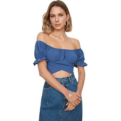 TWOSS21BZ0797 TRENDYOL Damska koszula damska typu regular off-Shoulder Carmen Collar Woven Blouse, indygo, 34 TWOSS21BZ0797 TRENDYOL Damska koszula damska typu regular off-Shoulder Carmen Collar Woven Blouse, indygo, 34