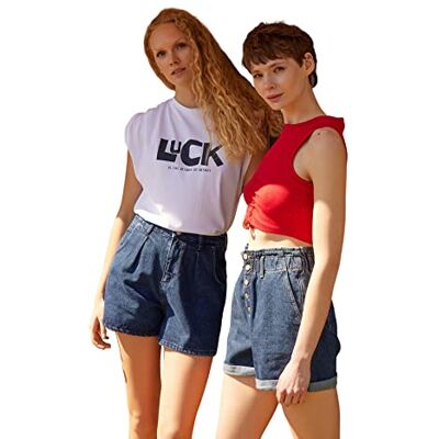 TWOSS20SR0319 Trendyol Damskie spodenki z wysokim stanem Skinny Fit, NIEBIESKI, 62 TWOSS20SR0319 Trendyol Damskie spodenki z wysokim stanem Skinny Fit, NIEBIESKI, 62