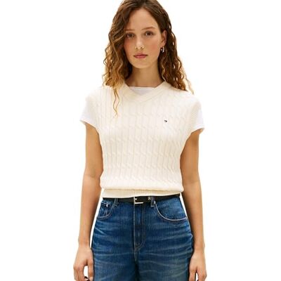 WW0WW48466AEFM Tommy Hilfiger Damska kamizelka Co Cable Mid Gg V-Nk WW0WW48466, beżowa, M WW0WW48466AEFM Tommy Hilfiger Damska kamizelka Co Cable Mid Gg V-Nk WW0WW48466, beżowa, M