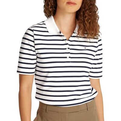 WW0WW432240BFL Tommy Hilfiger Damska koszulka polo z krótkim rękawem 1985 Pique Regular Fit, Niebieski (Breton Ecru/Dark Night Navy Stp), L WW0WW432240BFL Tommy Hilfiger Damska koszulka polo z krótkim rękawem 1985 Pique Regular Fit, Niebieski (Breton Ecru/Dark Night Navy Stp), L