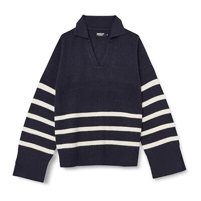 15309245 ONLY Damski sweter z dzianiny Onlmonna Ls Split Neck Collar KNT, Night Sky/Stripes:Cloud Dancer, M 15309245 ONLY Damski sweter z dzianiny Onlmonna Ls Split Neck Collar KNT, Night Sky/Stripes:Cloud Dancer, M