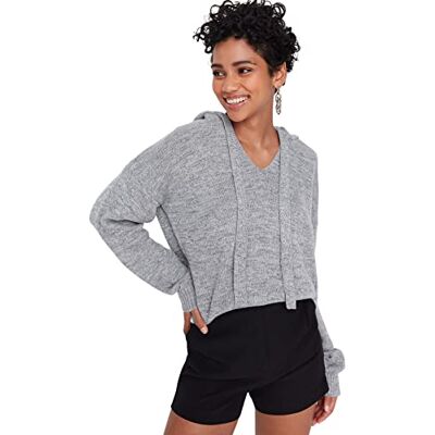 TWOAW23KZ01145 Trendyol Damska bluza z kapturem, zwykła, regularny sweter, Szary, S TWOAW23KZ01145 Trendyol Damska bluza z kapturem, zwykła, regularny sweter, Szary, S