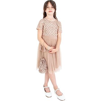 PL1-1487 Maya Deluxe Dziewczęca sukienka midi na ślub z cekinowym zdobieniem, krótki rękaw, studniówka, przyjęcie urodzinowe, druhna, Szarobrązowy róż, 3-4 lat PL1-1487 Maya Deluxe Dziewczęca sukienka midi na ślub z cekinowym zdobieniem, krótki rękaw, studniówka, przyjęcie urodzinowe, druhna, Szarobrązowy róż, 3-4 lat