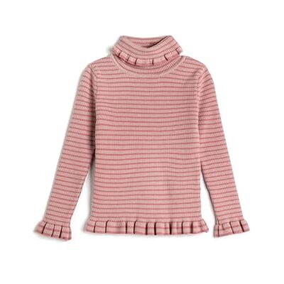 8683355658427 Koton Girls's Turtle Neck Ribbed Ruffle Detail Soft Touch Sweater, Różowy pasek (2s7), 7-8 Lat 8683355658427 Koton Girls's Turtle Neck Ribbed Ruffle Detail Soft Touch Sweater, Różowy pasek (2s7), 7-8 Lat