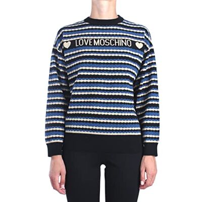 W S 88G 10 X 0519 Love Moschino Damska Carded Wool with Logo Intarsia Long Sleeve Striped sweter, Blu/Nero/Camelx, 42 PL W S 88G 10 X 0519 Love Moschino Damska Carded Wool with Logo Intarsia Long Sleeve Striped sweter, Blu/Nero/Camelx, 42 PL