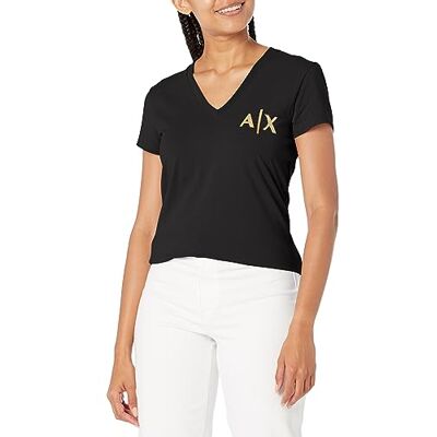 6RYT55YJDTZ1200 Armani Exchange Koszulka z dekoltem w serek z metalicznym logo Bawełna Stretch Slim Fit, Czarny, XS Kobiety, czarny, XS 6RYT55YJDTZ1200 Armani Exchange Koszulka z dekoltem w serek z metalicznym logo Bawełna Stretch Slim Fit, Czarny, XS Kobiety, czarny, XS