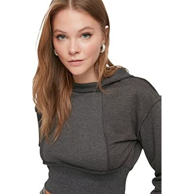TWOAW22SW2378 Trendyol Women's Anthracite Haguous Sewing Detailed Crop Knitted Thin Sweatshirt, XL TWOAW22SW2378 Trendyol Women's Anthracite Haguous Sewing Detailed Crop Knitted Thin Sweatshirt, XL