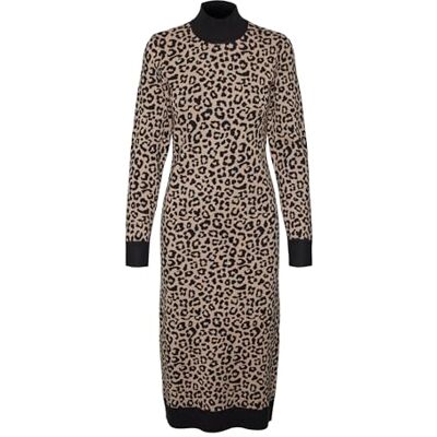 10314462 VERO MODA VMARIA Art LS sukienka na łydkę z wysokim dekoltem GA, Czarny/detal: W. Silver Mink Leo Print, L 10314462 VERO MODA VMARIA Art LS sukienka na łydkę z wysokim dekoltem GA, Czarny/detal: W. Silver Mink Leo Print, L