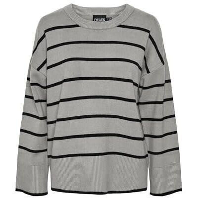 17150957 PIECES Damski sweter z dzianiny Pcmathilde Ls O-Neck Knit Noos Bc, Średni szary melanż/paski: czarny, XS 17150957 PIECES Damski sweter z dzianiny Pcmathilde Ls O-Neck Knit Noos Bc, Średni szary melanż/paski: czarny, XS