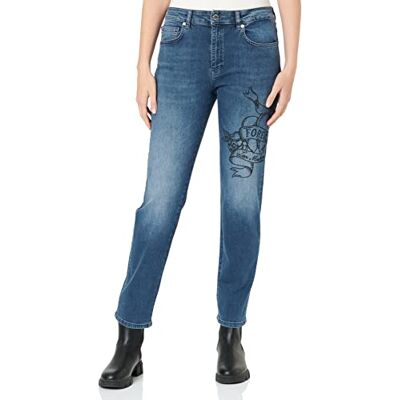 W Q 454 04 S 3847 Love Moschino Damskie czarne spodnie Triblend Denim Personalised with Embroidered Tattoo Effect Heart Casual Pants, Blue Denim, 32 W Q 454 04 S 3847 Love Moschino Damskie czarne spodnie Triblend Denim Personalised with Embroidered Tattoo Effect Heart Casual Pants, Blue Denim, 32