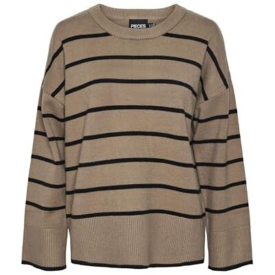17150957-4542674 PIECES Damski sweter z dzianiny Pcmathilde Ls O-Neck Knit Noos Bc, szarobrązowy/paski: czarny, L 17150957-4542674 PIECES Damski sweter z dzianiny Pcmathilde Ls O-Neck Knit Noos Bc, szarobrązowy/paski: czarny, L