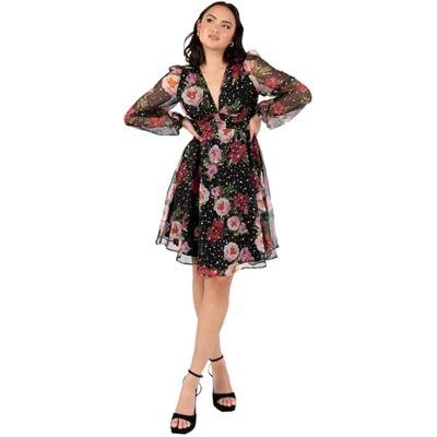 PL9-0364 Lovedrobe Damska mini sukienka z dekoltem w serek, długie rękawy, nadruk kwiatowy, elastyczna talia linia A Party Evening Occasion, czarna, 36, czarny, 36 PL9-0364 Lovedrobe Damska mini sukienka z dekoltem w serek, długie rękawy, nadruk kwiatowy, elastyczna talia linia A Party Evening Occasion, czarna, 36, czarny, 36