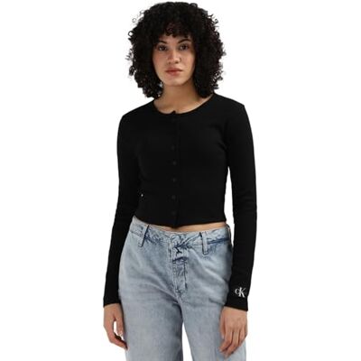 J20J224057BEHXXL Calvin Klein Jeans Damski kardigan z tkaną metką, prążkowany, inne topy, Ck czarny, XXL J20J224057BEHXXL Calvin Klein Jeans Damski kardigan z tkaną metką, prążkowany, inne topy, Ck czarny, XXL