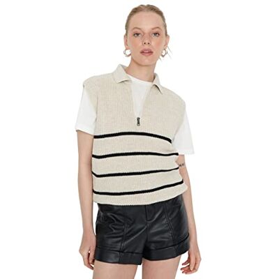 8683047021799 TRENDYOL Women's Striped Zipper Detailed Knitwear Sweater, beżowa, L, beżowy, L 8683047021799 TRENDYOL Women's Striped Zipper Detailed Knitwear Sweater, beżowa, L, beżowy, L